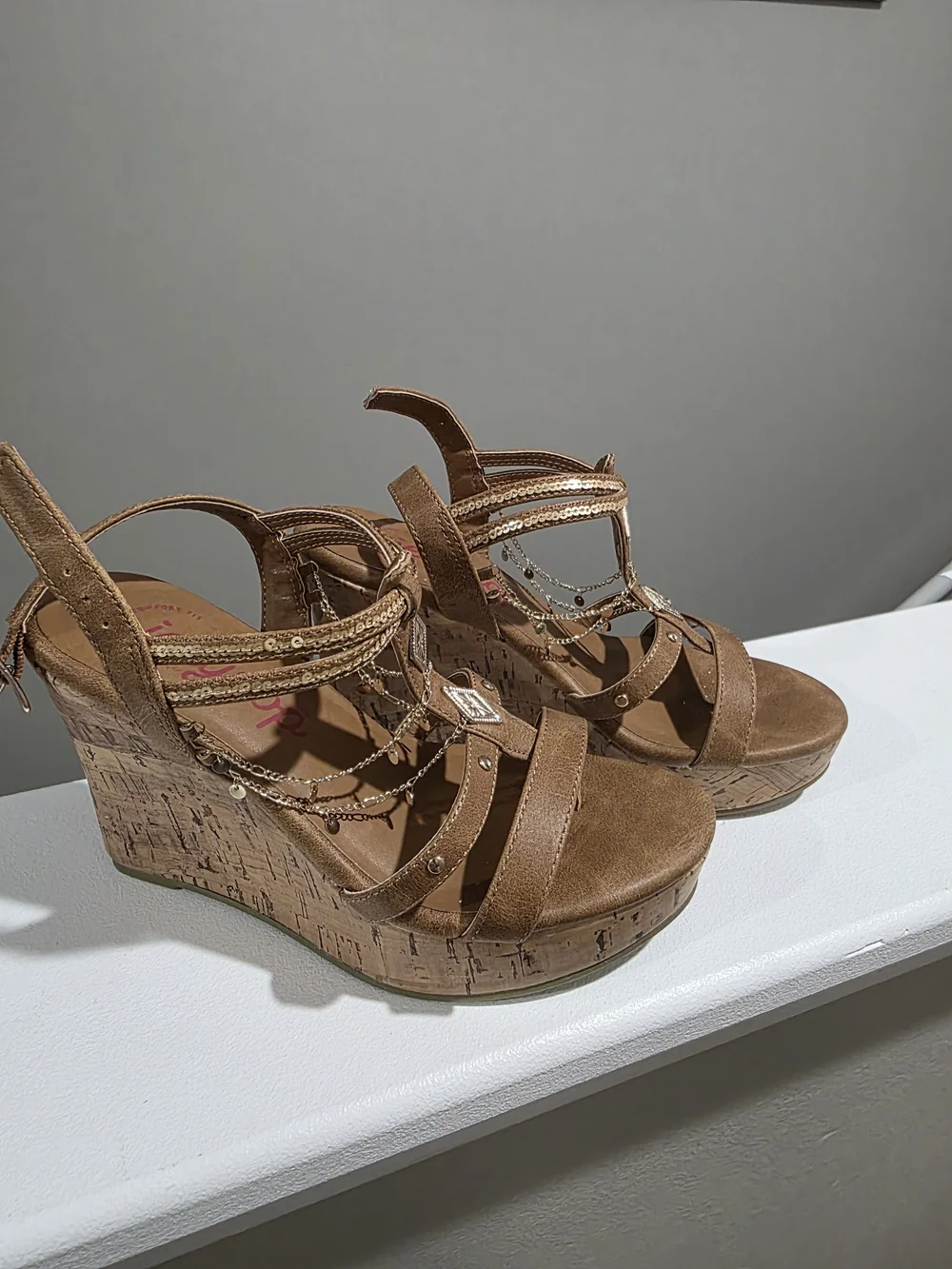 Jellypop Brown Wedge Sandals with Chain & Gem Accents